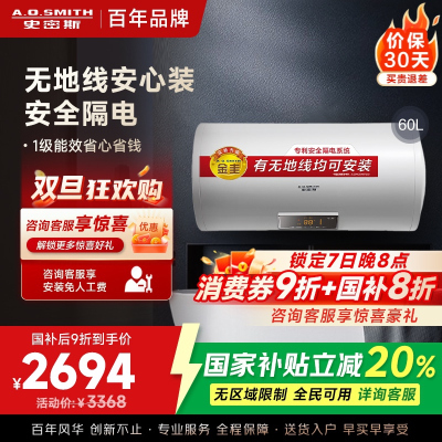 AO史密斯60升电热水器 无地线可安装 专利安全隔电 金圭内胆 速热节能 一键中温保温E60VDS 预约洗浴