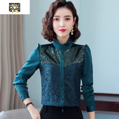 暖青汇蕾丝雪纺衫女长袖秋冬装2020新款打底衫衬衫立领上衣百搭中年妈妈蕾丝衫