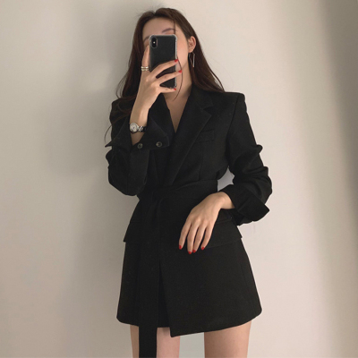 广赫网红气质女范收腰系带小西装复古休闲英伦春秋中长款西服外套潮夹克