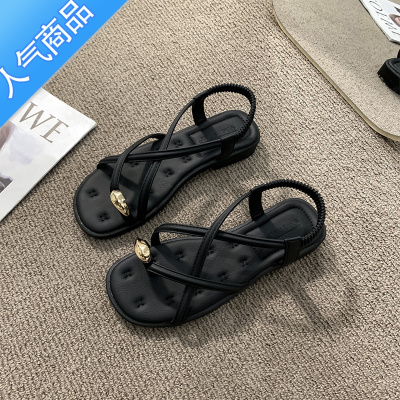 SUNTEK凉鞋女夏外穿2023新款黑色高级感法式晚风仙女配裙子罗马平底鞋子