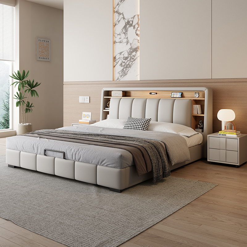 意式轻奢真皮床现代简约主卧室双人床家用多功能储物床软包大婚床