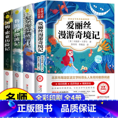 [4册]快乐读书吧六年级下 [正版]爱丽丝漫游奇境记书 爱丽丝梦游仙境书六年级下册必读书目 小学生课外书奇镜彩绘原版原著
