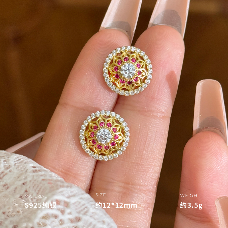 925纯银镂空花窗复古宫廷风耳钉女耳环耳饰轻奢时尚约4g BCE8991送女朋友老婆情人节七夕生日礼物