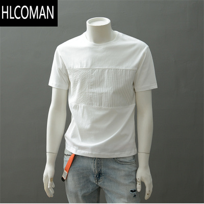 HLCOMAN夏季新款短袖t恤男士潮牌圆领复古国潮痞帅拼接纯色高端半袖体恤