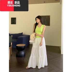 YIBUSHENG刺绣提花重工薄款a字高腰休闲裤女春季2024新款宽松阔腿白色裙裤