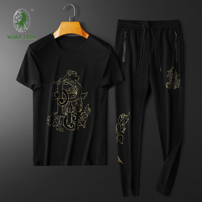 七匹狼国际公司授权WOLFTREK-刺绣套装男装烫钻双丝光棉搭配帅气休闲运动跑步潮牌坠感痞帅衣服夏季