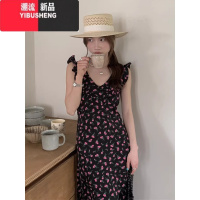 YIBUSHENG韩国chic季法式浪漫V领两穿系带收腰显瘦飞飞袖碎花裙连衣裙女
