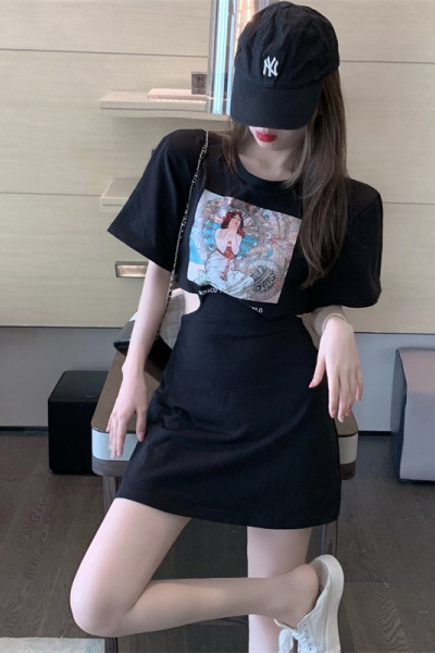 a字性感气质短袖T恤裙女短裙夏季上衣中长款连衣裙子半身裙包臀裙