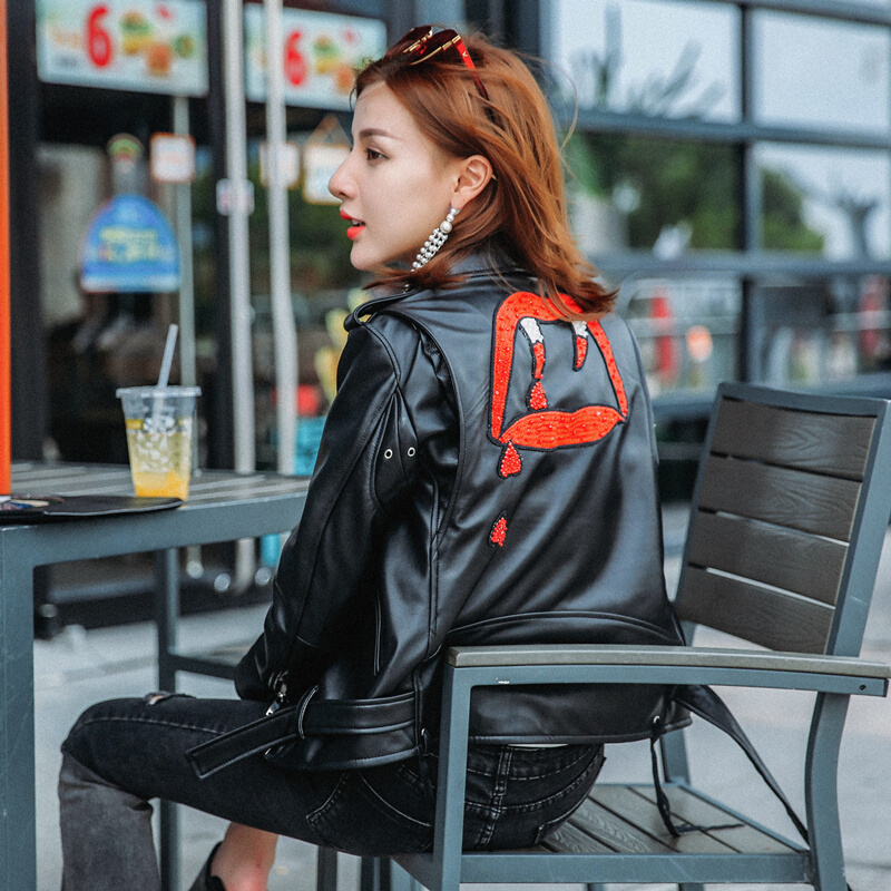 秋冬女短款血牙海宁刺绣绵羊皮真皮皮衣机车款夹克小外套女款CYDDWQE