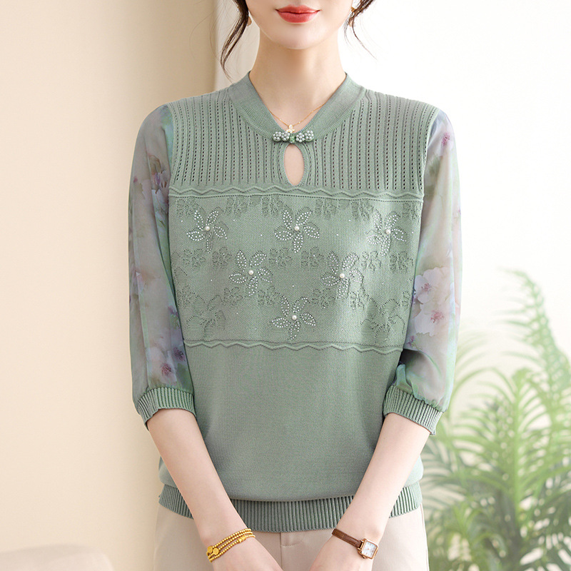 夏季女装中老年针织衫女洋气中年妈妈上衣时尚休闲中式衣服七分袖