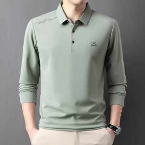 秋季新款长袖男士polo衫中年商务休闲翻领印花舒适透气T恤男