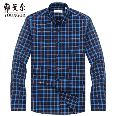 雅戈尔CEO系列长袖衬衫男士春秋装中青年休闲时尚衬衣纯棉蓝色格子衬衫修身男
