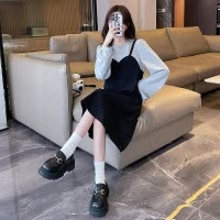 [8.5折价84.9元叠加优惠券]唐狮秋冬新款女圆领背带假两长袖连衣裙百搭韩系别致时髦