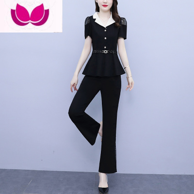 七斓2023新款大码女装穿搭气质西装领拼接小个子胖mm套装裤潮