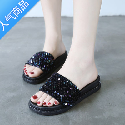 SUNTEK可湿水沙滩配裙子的凉鞋网红拖鞋女外穿厚底带钻可水洗松糕仙女风