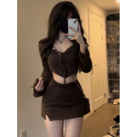 纯欲风辣妹小个子套装春秋甜美抽绳褶皱短款上衣+包臀短裙两件套