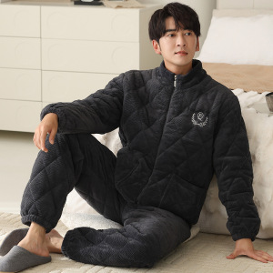 加绒加厚睡衣男冬夹棉三层牛奶绒保暖拉链可外穿男士棉袄套装冬季