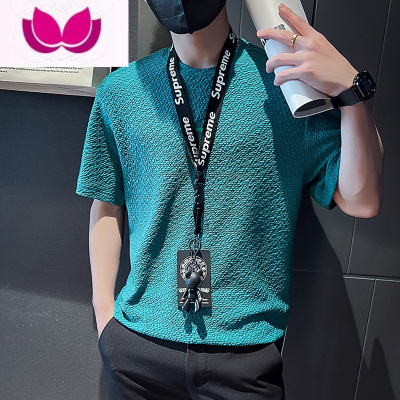 七斓夏季绿色短袖t恤男潮流设计感小众冰丝半袖体恤潮牌痞帅夏装上衣