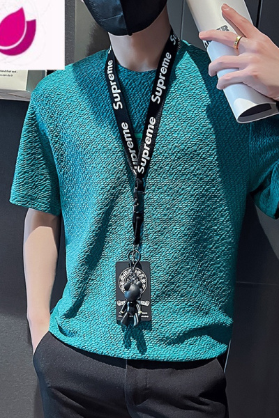 七斓夏季绿色短袖t恤男潮流设计感小众冰丝半袖体恤潮牌痞帅夏装上衣