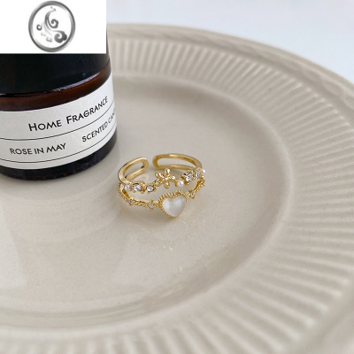 JiMi猫眼石爱心珍珠戒指2022年新款潮轻奢高级感小众开口可调节食指戒