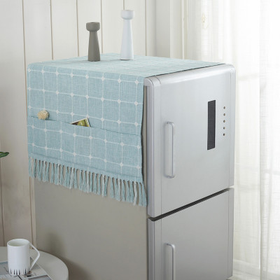 冰箱罩防尘罩阿斯卡利(ASCARI)单开双开简约洗衣机罩遮盖家棉麻格子蓝色流苏140*60cm（单开门冰箱/滚筒洗衣