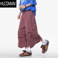 HLCOMAN酒红色工装七分裤子男款夏季潮牌宽松阔腿休闲短裤男生八分裤