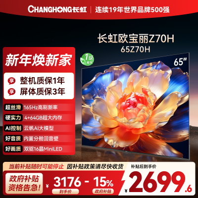 长虹欧宝丽65Z70H 内置分舱回音壁电视 双驱16晶MiniLED 云帆AI影像4K超高清平板液晶电视政府补贴