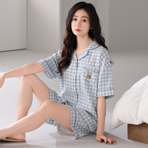 睡衣女士夏季云朵棉甜美可爱短袖套装宽松开衫加大码可外穿家居服