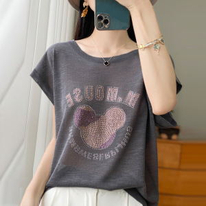 竹节麻短袖T恤女圆领夏季新款宽松百搭烫钻米奇头薄款针织衫上衣