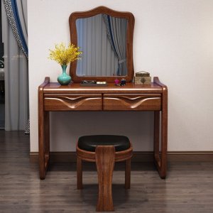 胡桃木实木梳妆台现代简约中式高档女士化妆台卧室小户型收纳柜 组装_妆台+妆镜+妆凳（胡桃木）