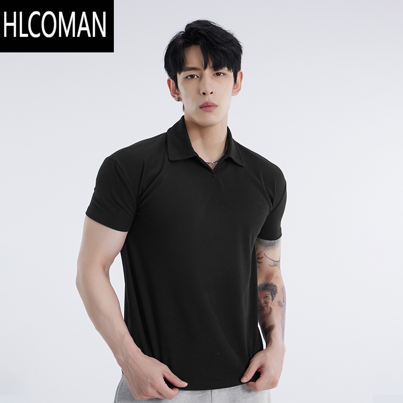 HLCOMAN夏季收袖口新中式Polo衫短袖亨利领高弹休闲运动健身男士T恤