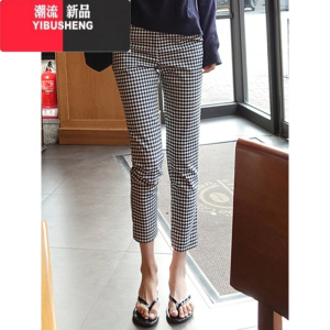YIBUSHENG黑白格子九分裤女薄款直筒休闲裤高腰弹力小个子显瘦小脚烟管裤
