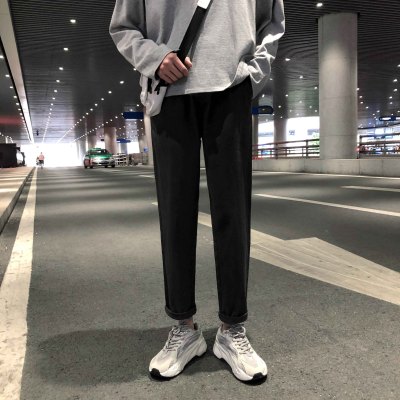 SUNTEK黑色裤子男韩版潮流男春秋季休闲裤直筒裤九分裤宽松西装裤男长裤西裤