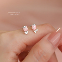 森系小清新郁金香耳钉女s999纯银迷你可爱粉色滴胶足银花朵耳饰送女朋友老婆情人节七夕生日礼物