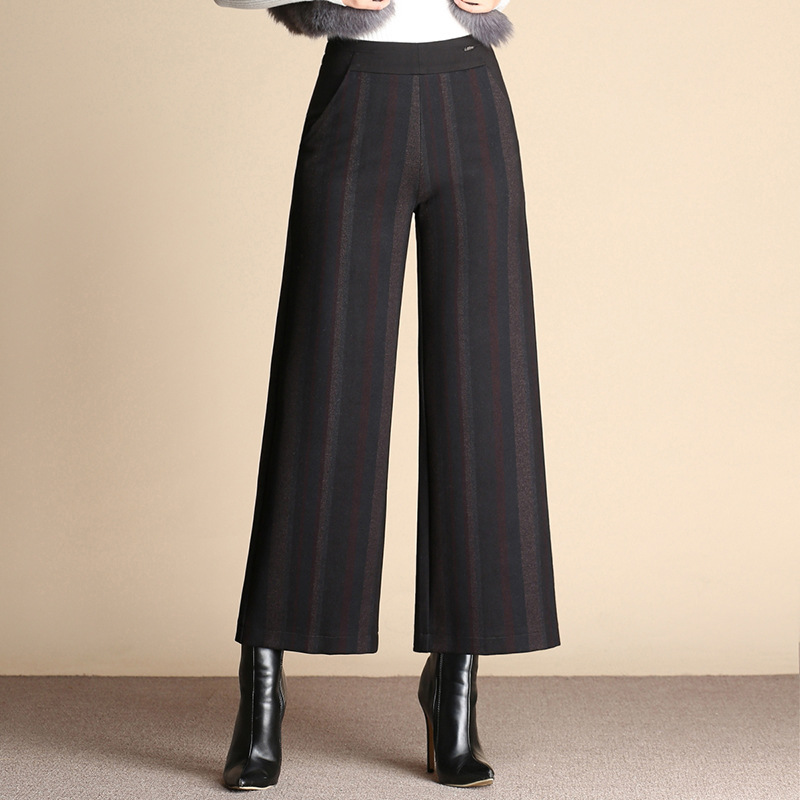 2018秋冬中年女裤条纹阔腿裤高腰休闲大码中老年妈妈装显瘦女长裤CYLLCY