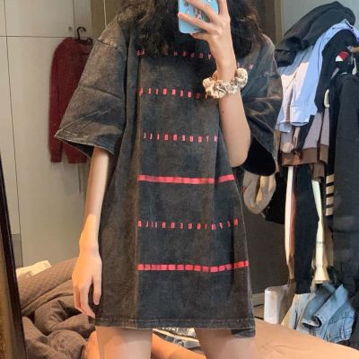 夏季水洗黑印花宽松做旧高街vibe风短袖T恤学生女绣彤