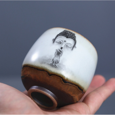 美帮汇开片可养汝窑大号手绘问佛寻佛禅意陶艺品茗杯主人杯个人杯茶盏