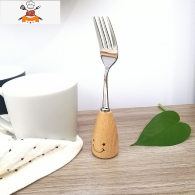 简物家韩式可爱笑脸木柄不锈钢甜品刀叉勺西餐餐具牛排水果叉套装 敬平 木柄笑脸餐叉