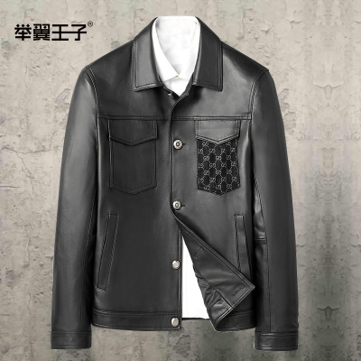 举翼王子(WUWING)海宁新款男士皮衣个性口袋纯皮绵羊皮夹克青年翻领潮款纽扣机车服外套黑色XXL