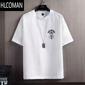 HLCOMAN冰丝短袖t恤男士新中式印花大码男装夏季胖子冰丝速干白色体恤男