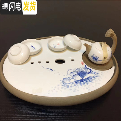 三维工匠家用陶瓷茶盘大号手绘荷花茶台圆形双层储水式茶托干泡托盘 芙蓉大号盘+莲蓬一壶四杯碗杯茶具