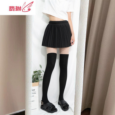 光腿拼接丝袜女防过膝假高筒小腿袜萝莉白色中打底裤袜费琳