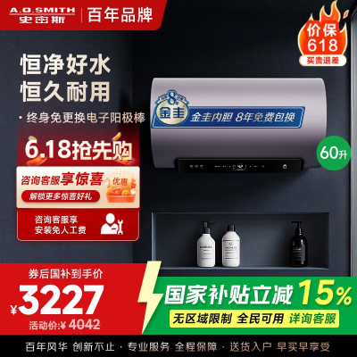 AO史密斯60升电热水器 国家补贴 金圭内胆 双棒分离速热 免换镁棒 免清洗短款 E60ED8-B