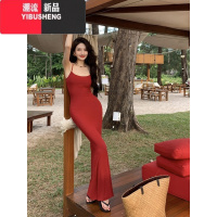 YIBUSHENG奶黄色甜辣纯欲性感曼妙曲线针织吊带连衣裙女修身显瘦鱼尾长裙