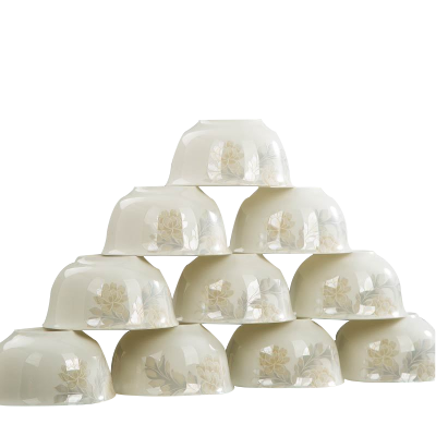 瓷物语10个装家用米饭碗陶瓷碗4.5英寸碗骨瓷餐具套装碗饭碗家用(圆形金钟碗）