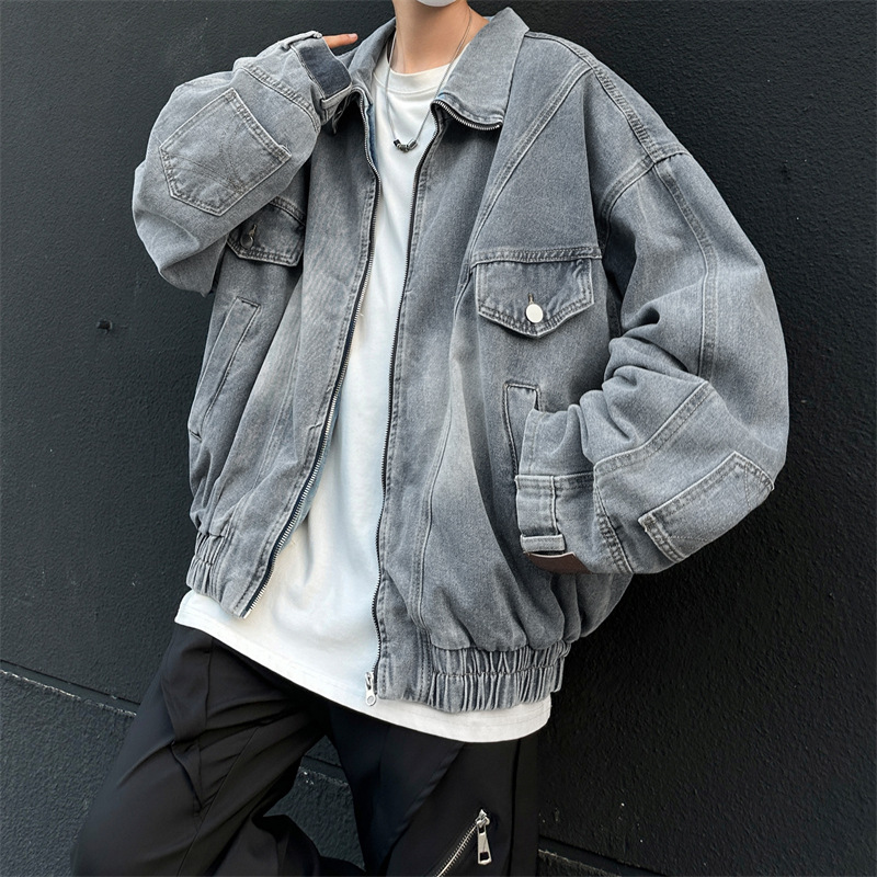 夹克男潮牌美式复古水洗宽松牛仔外套男春秋新款休闲立领夹克上衣