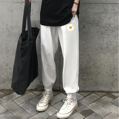 珂卡慕(KEKAMU)女士小雏菊裤子卫裤女白色高腰垂感宽松直筒阔腿裤显瘦运动裤束脚休闲裤潮女生女式