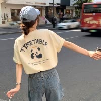 [1.5折价38元]唐狮熊猫印花圆领短袖T恤女新款夏季宽松纯棉上衣女甜美