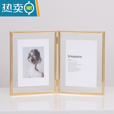 敬平欧式摆台相框折叠连体双面透明6寸7寸8寸10寸金属照片框玻璃摆件 金色竖款 6寸[高清玻璃面]