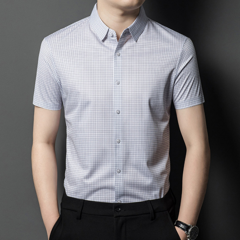 春夏新款男士条纹短袖衬衫商务休闲免烫垂感翻领通勤百搭男装
